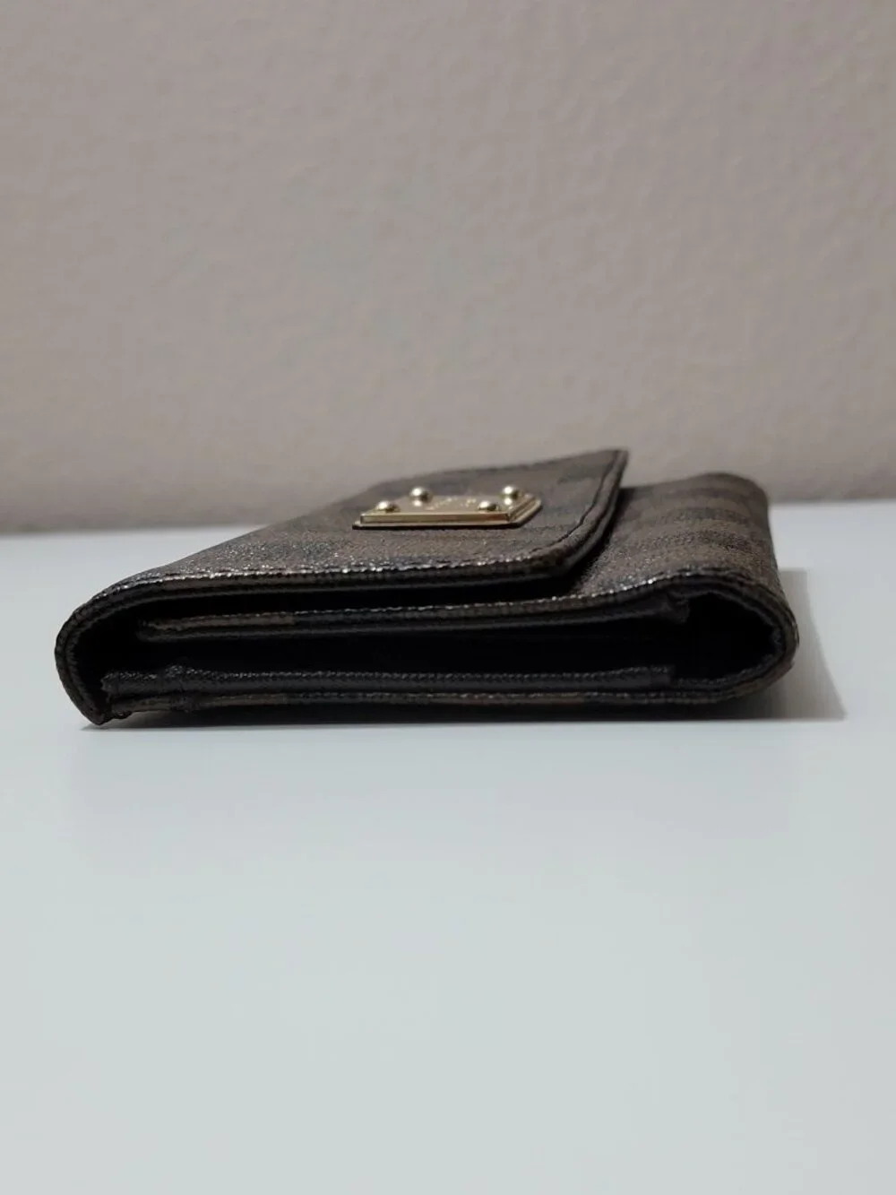 Michael Kors Jet Set Checkbook Wallet Brown Checkerboard Logo Print Gold Plate